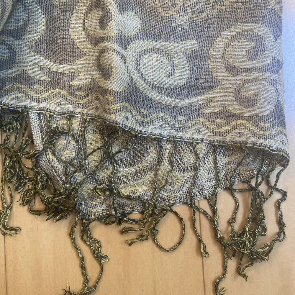 GOLD GLAM Metallic Thread Large Shawl Scarf With Tassels And Butterfly Print
